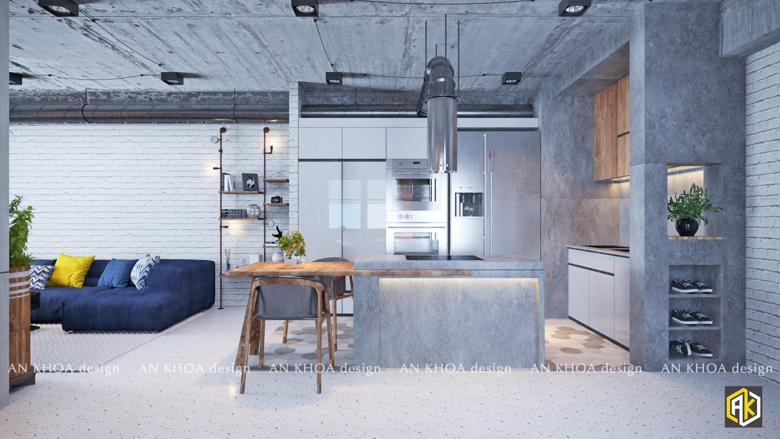 Minh họa thiết kế không gian phòng bếp với tone màu chủ đạo là xám nhẹ