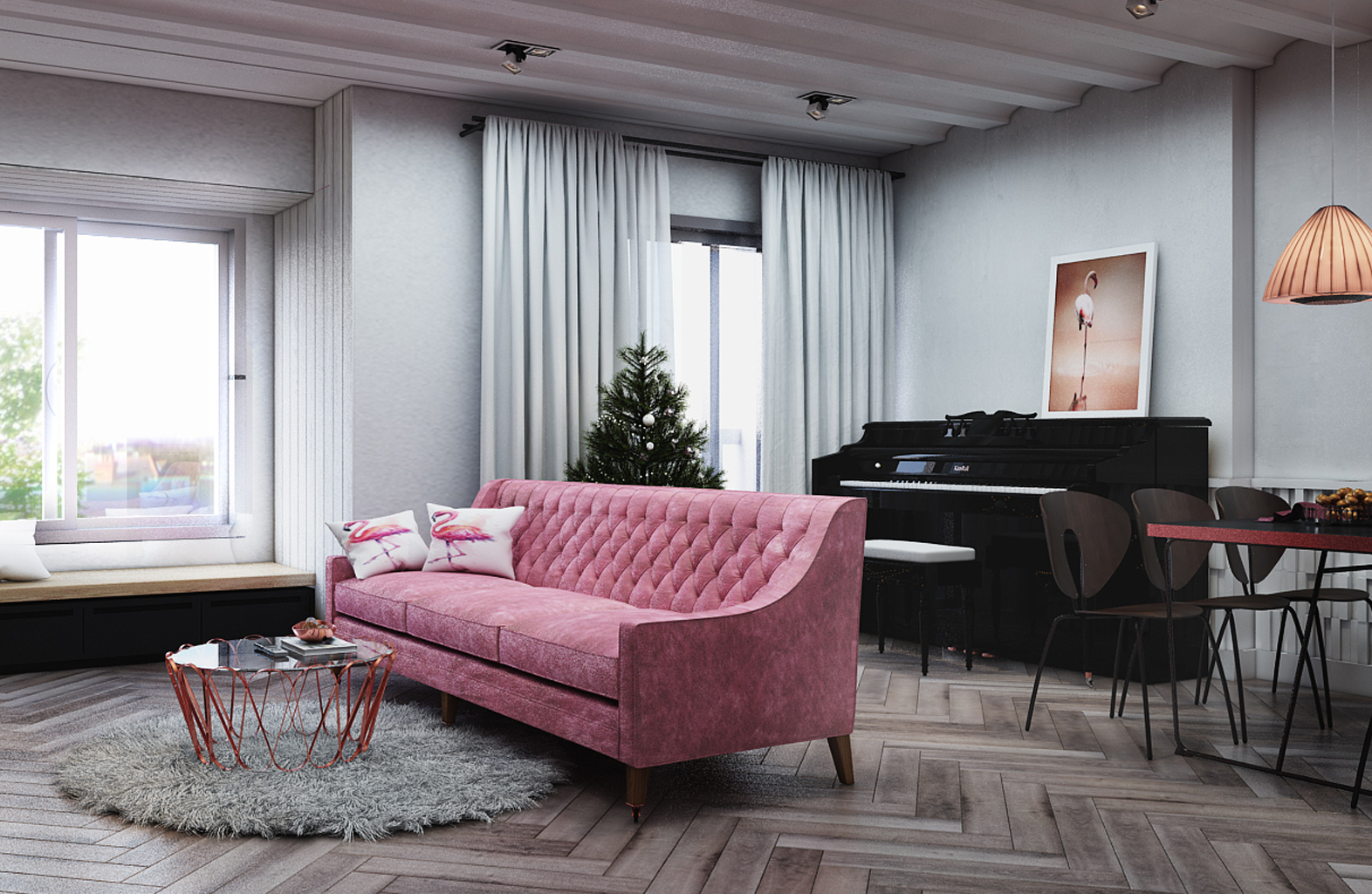 Thiết kế nội thất với phòng khách kết hợp phòng giải trí với piano