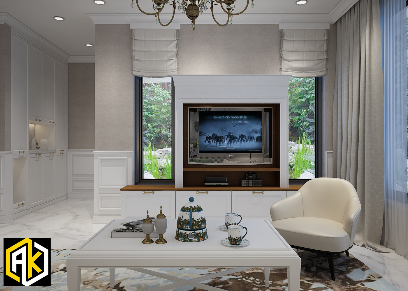 Thiết kế nội thất phòng khách theo phong cách tân cổ điển - nếu bạn đang sở hữu nhà phố thì hãy thiết kế thêm với đèn chùm hoặc tranh nghệ thuật đi chung