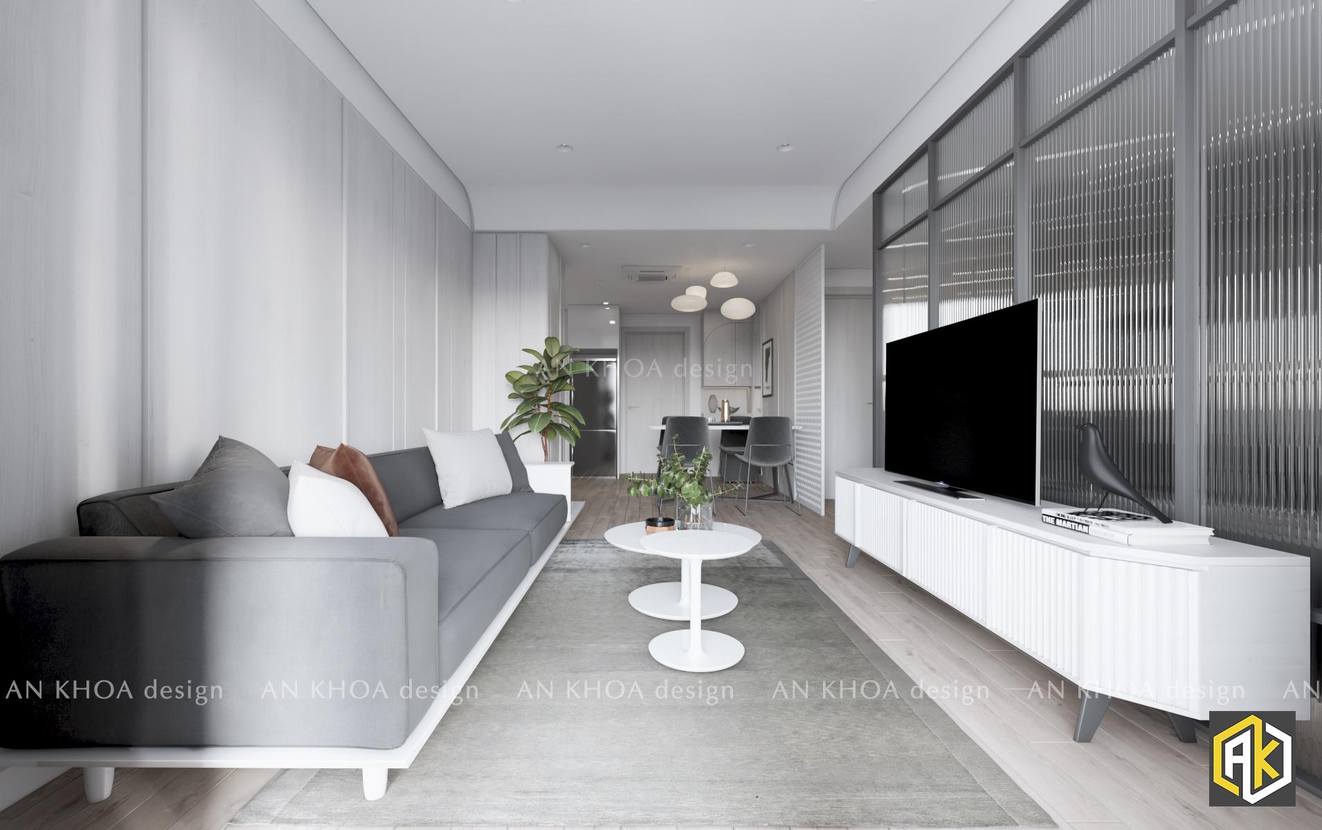 Hình minh họa thiết kế chung cư 2 phòng ngủ với tone màu trắng tuy đơn giản nhưng nội thất hiện đại cao cấp