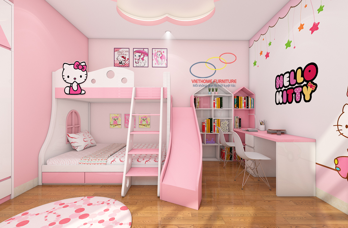 phòng ngủ màu hồng với giường đôi và cầu trượt cho các bé song sinh