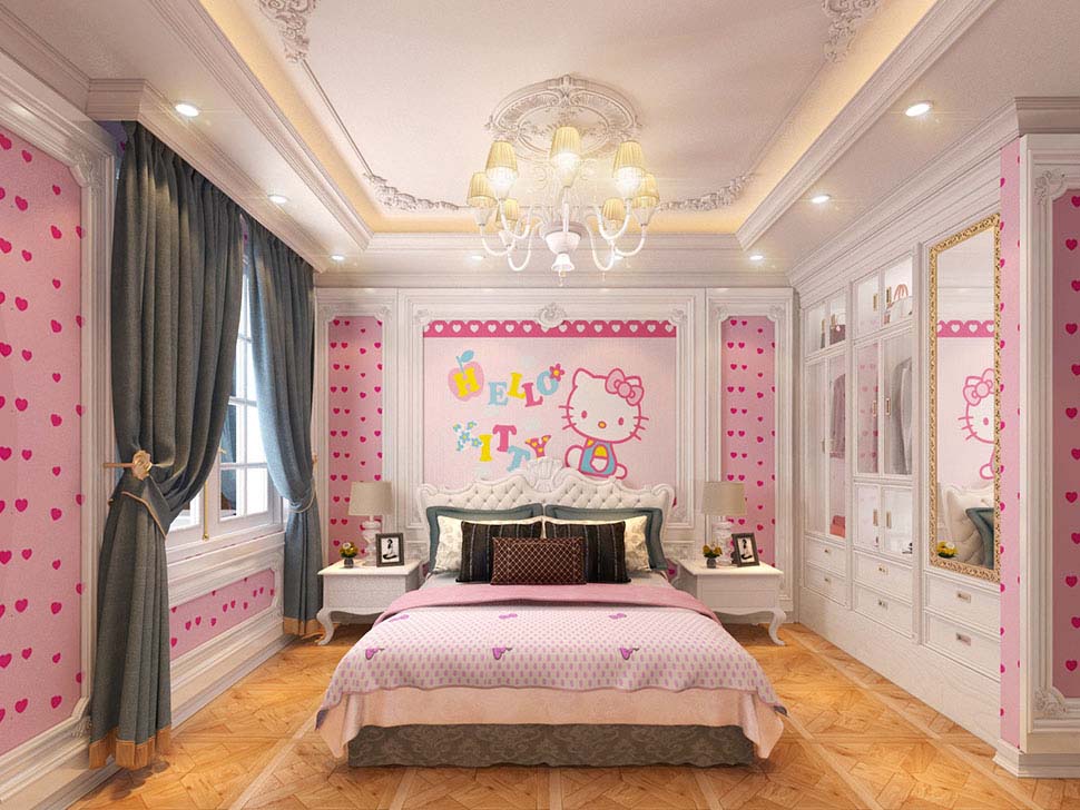 phòng ngủ đẹp màu hồng phong cách hello kitty cho bé gái