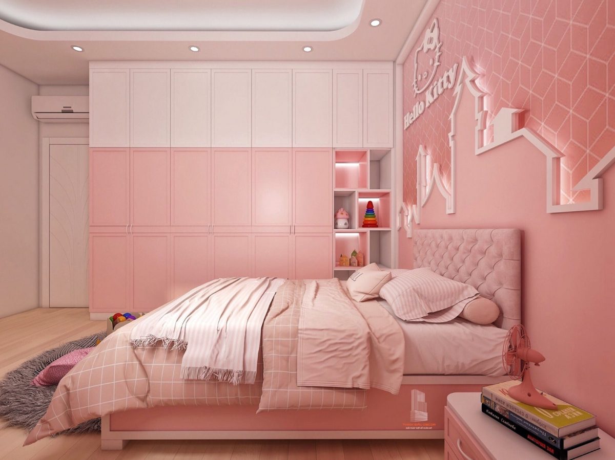 phòng ngủ màu hồng với nội thất đa dạng