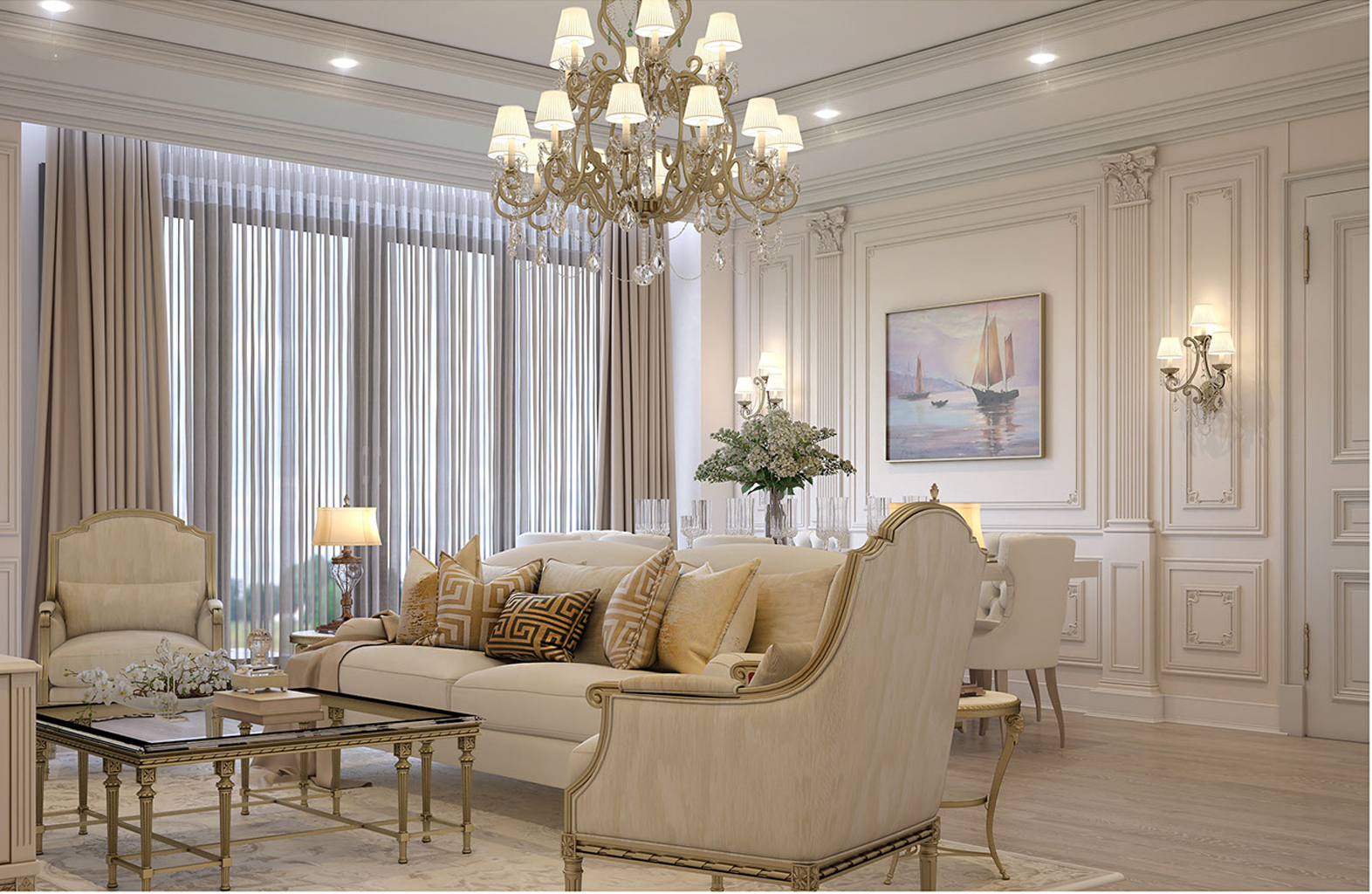 Thiết kế nội thất phòng khách theo phong cách tân cổ điển