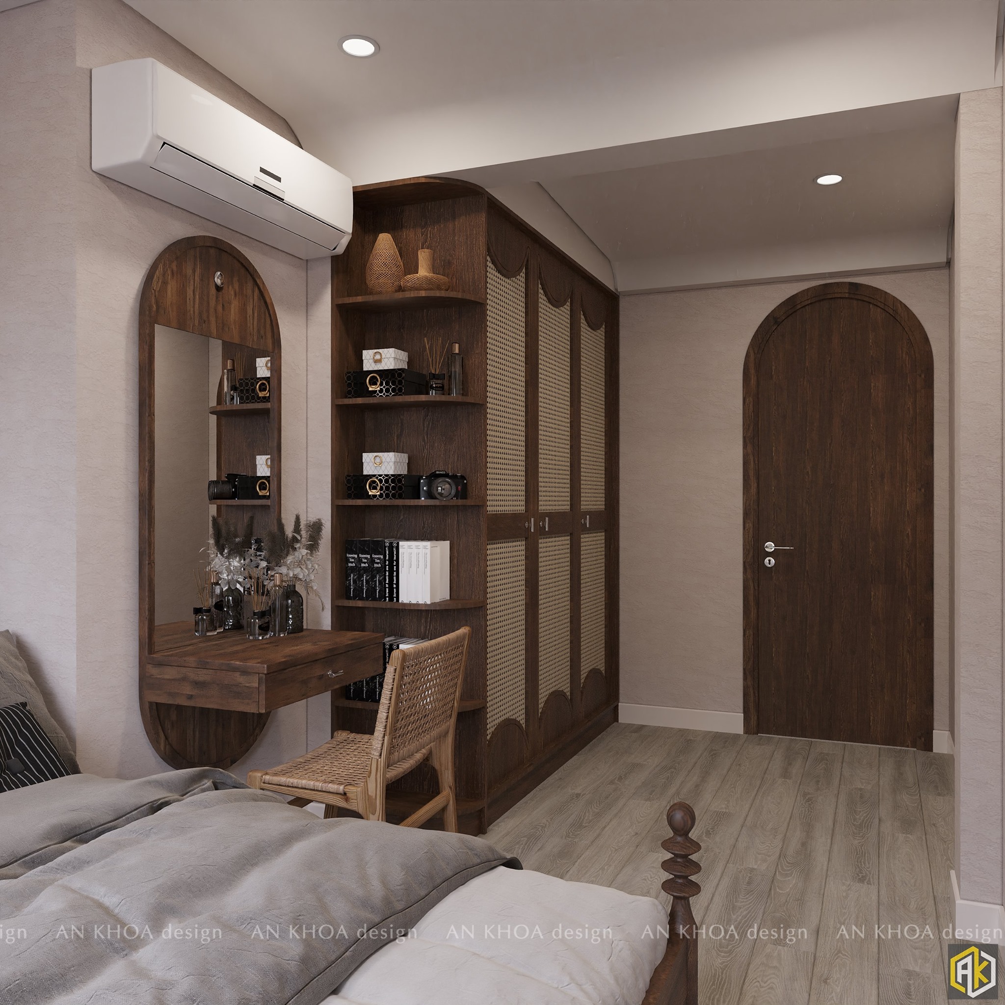 Phòng ngủ nhà 2 tầng có đồ gỗ nội thất view góc