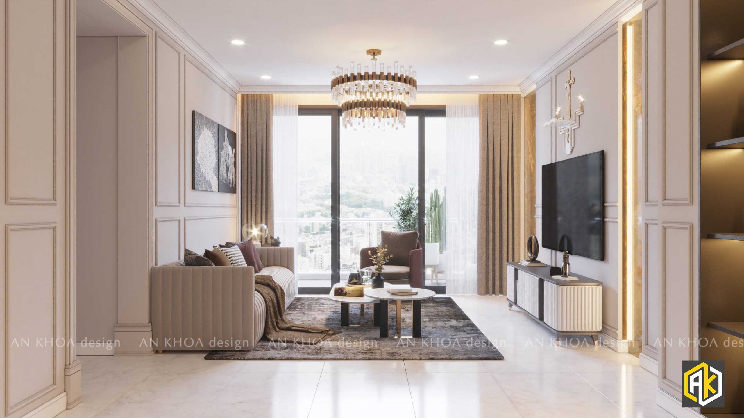 Thiết kế nội thất phòng khách chung cư theo phong cách tân cổ điển