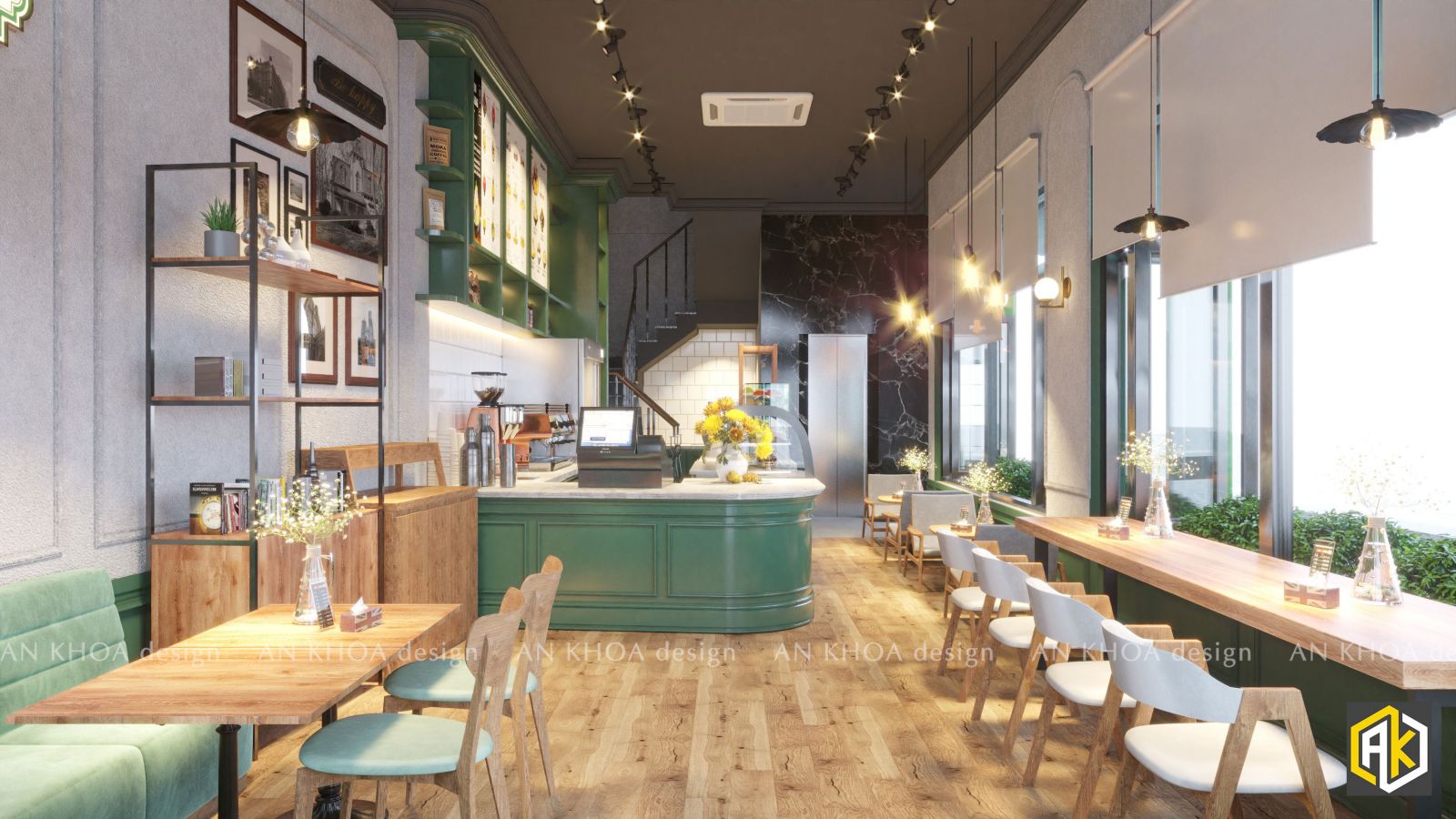 Concept cải tạo quán cafe tone xanh lá không gian Humor Juice Cafe TPHCM