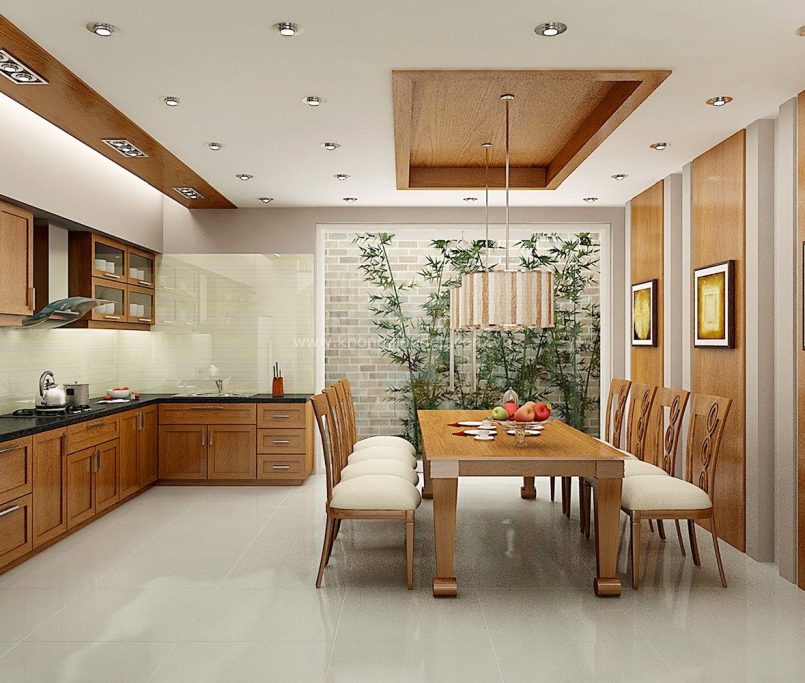 Thiết kế nội thất nhà ống mặt tiền 4m với phòng bếp liền phòng khách - phong cách truyền thống