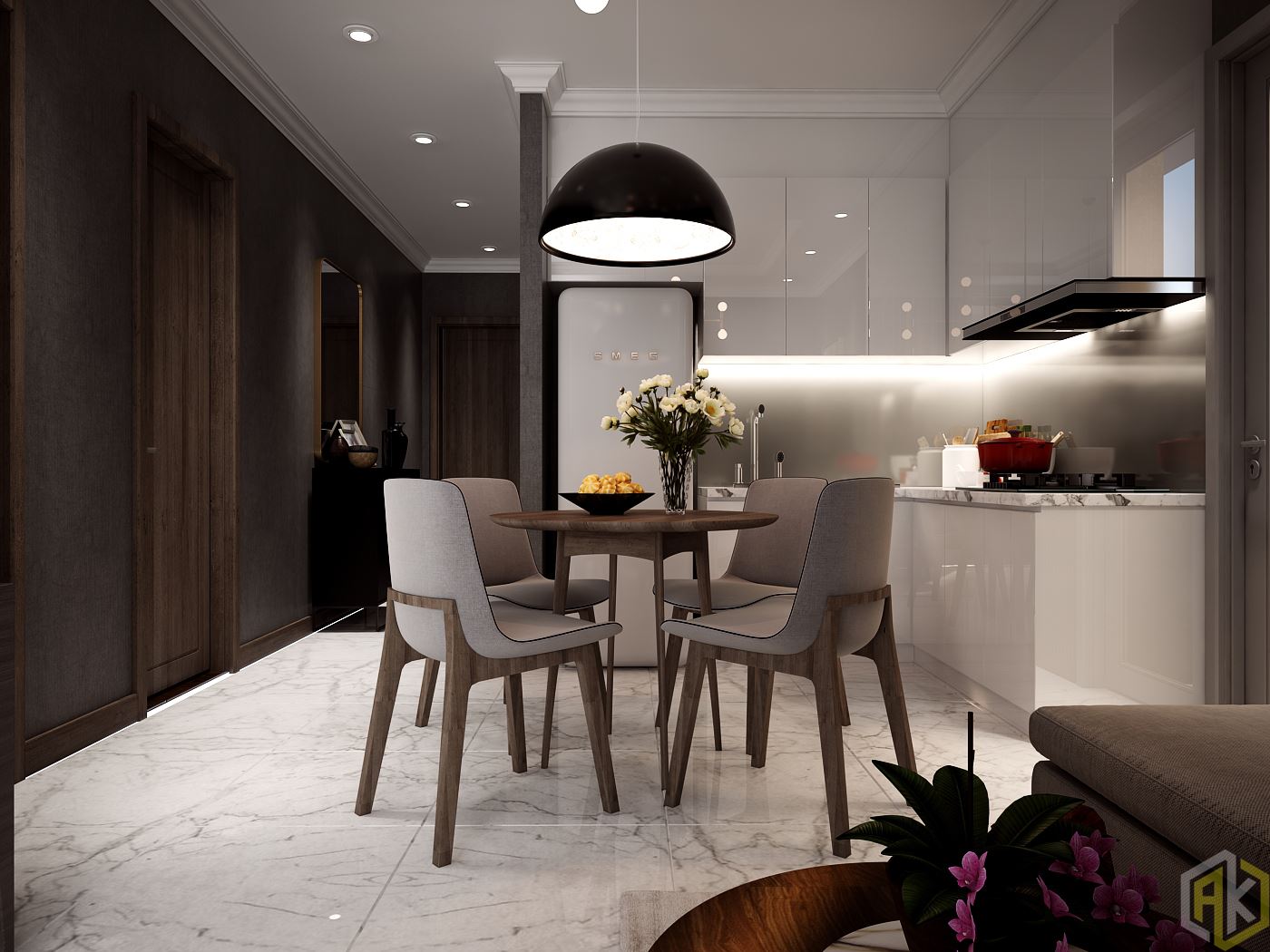 Kinh nghiệm thiết kế nội thất chung cư - bày trí nội thất phòng bếp nên có gam màu chung với tổng thể căn hộ