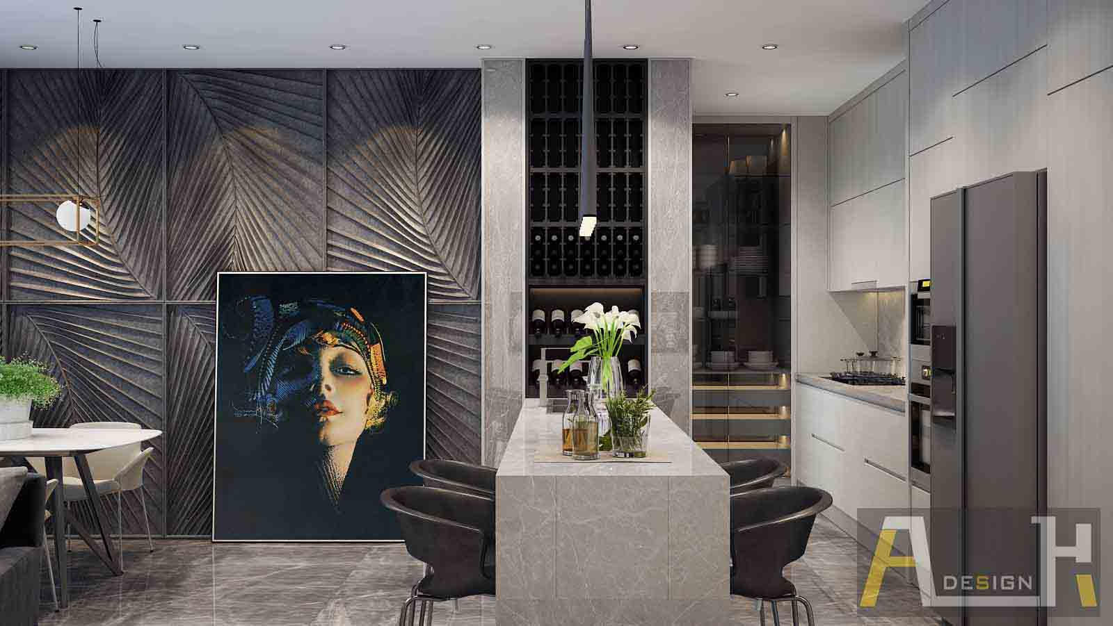 hình minh họa thiết kế nội thất chung cư đẹp với tông màu ấm và tranh nghệ thuật