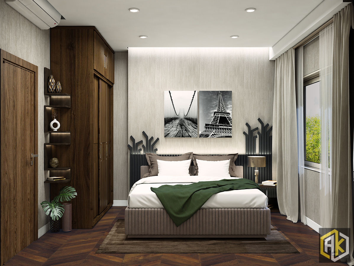 thiết kế phòng ngủ 15m2 sử dụng gỗ công nghiệp