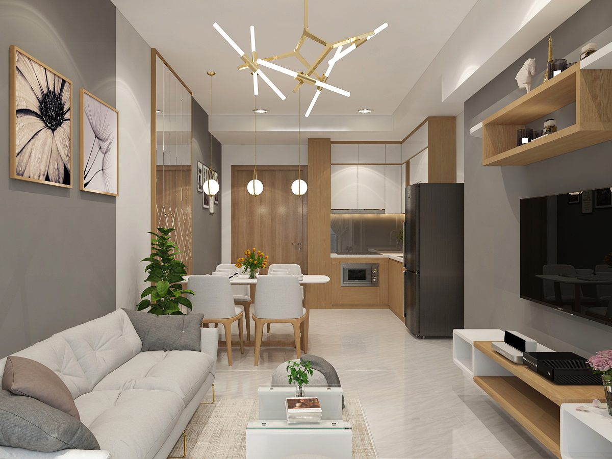 Cân đối không gian phòng bếp và phòng khách khi thiết kế nội thất chung cư 70m2