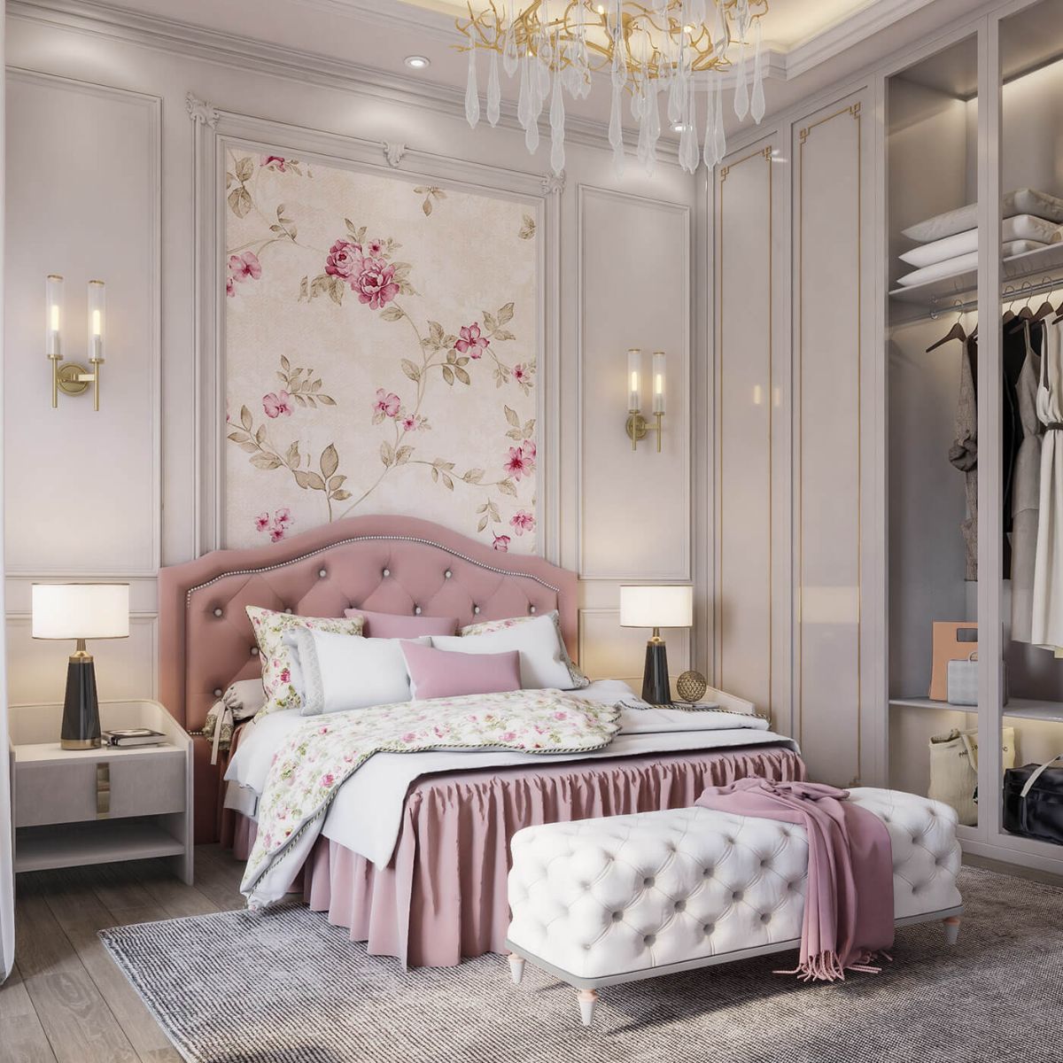 Phòng ngủ đẹp màu hồng cho nữ với phong cách tân cổ điển