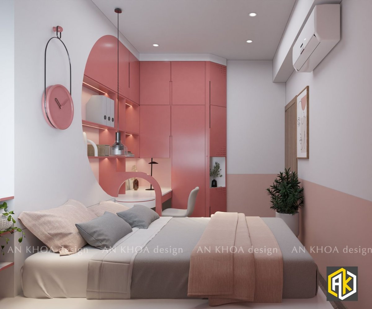 Phòng ngủ nhà phố màu hồng