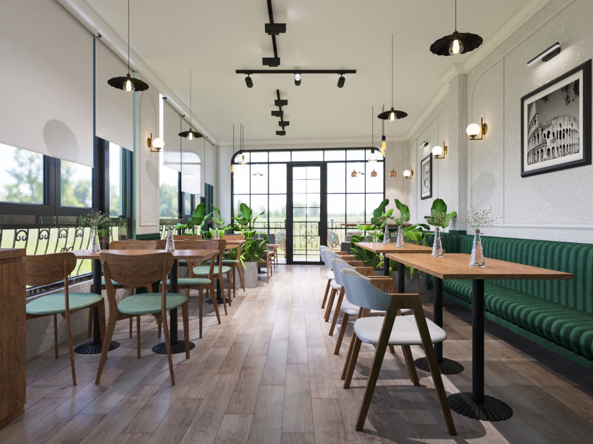 Thiết kế nội thất quán cafe Hurom view khu vực phục vụ khách nhìn ra ban công