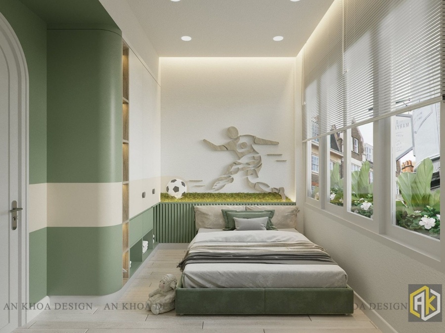 Phòng ngủ trắng xanh năng động, tươi mới