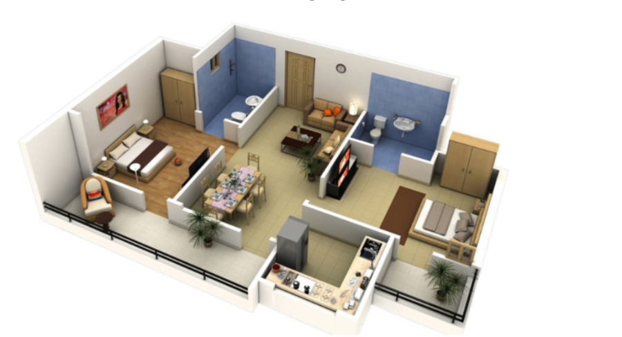 Bản vẽ mặt bằng 3D nhà 7x7m, thể hiện không gian sống tối ưu, bố trí nội thất khoa học