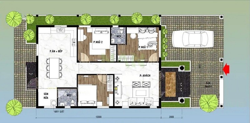 Bản vẽ tầng 1 có phòng khách, phòng ăn và bếp liên hoàn