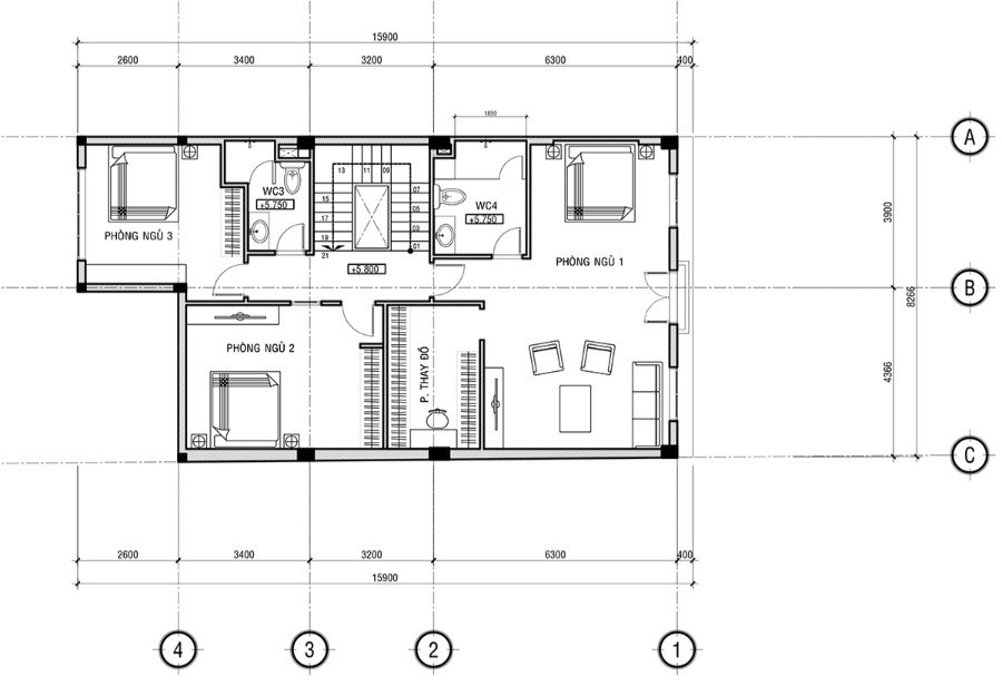 Bản vẽ tầng 3 mang lại sự tiện nghi và cân bằng cho tổng thể nhà phố
