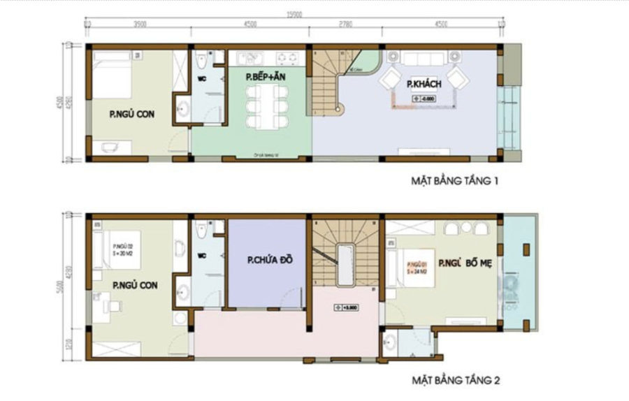 Công năng nhà 2 tầng 7x7m 