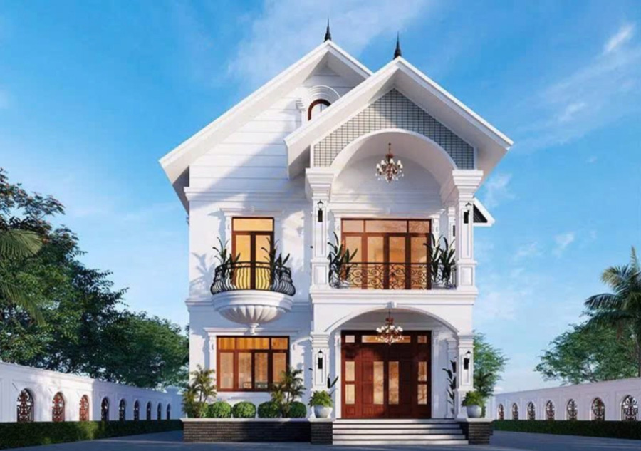Mặt tiền nhà phố Tân Cổ Điển 2 tầng với lan can hoa văn sắt uốn lượn nghệ thuật 