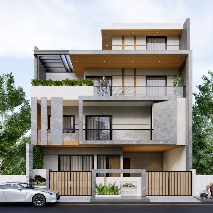 Mẫu nhà phố 3 tầng hiện đại với hình khối độc đáo, sử dụng vật liệu bê tông/đá ốp và lan can kính, thể hiện sự sang trọng trong thiết kế nhà vuông 10x10m