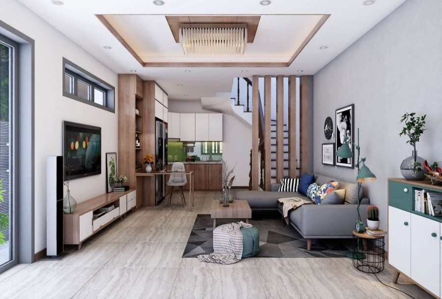 Phòng khách kết hợp ánh sáng tự nhiên qua cửa kính lớn