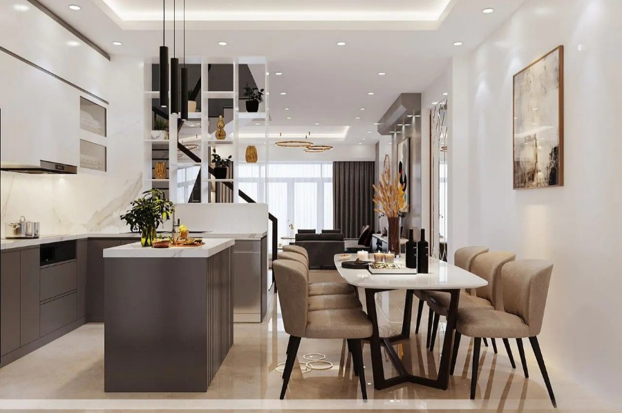 Trang trí tối giản, không gian bếp – ăn gọn gàng, tiện dụng