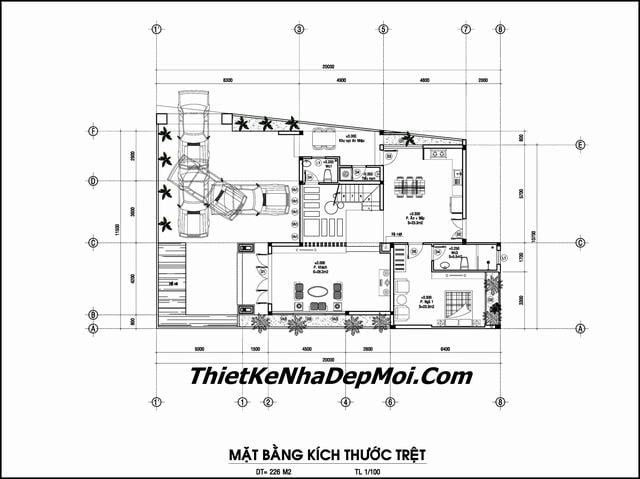 Bản vẽ có gara rộng, phòng khách thoáng nối bếp ăn, WC cuối tầng