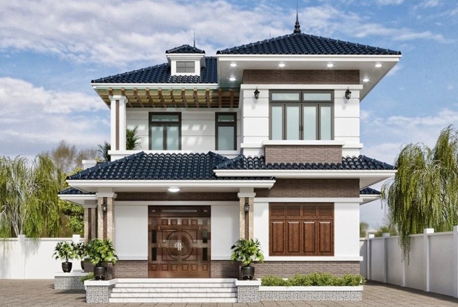Biệt thự Mái Nhật nhẹ nhàng với các cột trụ đơn giản và mái dốc tạo tổng thể sang trọng, tinh tế và uy nghi