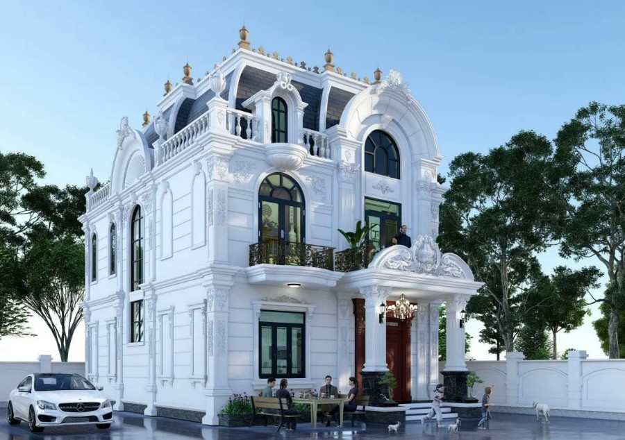 Mặt tiền Tân Cổ Điển lộng lẫy, chú trọng tỉ lệ cân đối. Cửa vòm và cột trụ uy nghi, tạo cảm giác hài hòa, sang trọng tuyệt đối