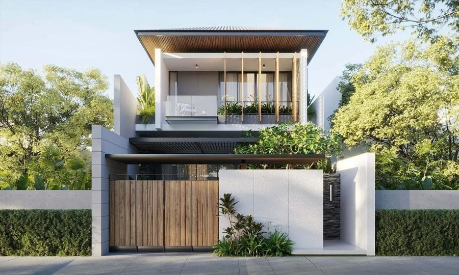 Mẫu nhà Hiện Đại kết hợp với chất liệu gỗ ấm áp. Thiết kế nhiều cây xanh và ban công rộng, mang lại không gian sống tiện nghi, gần gũi thiên nhiên