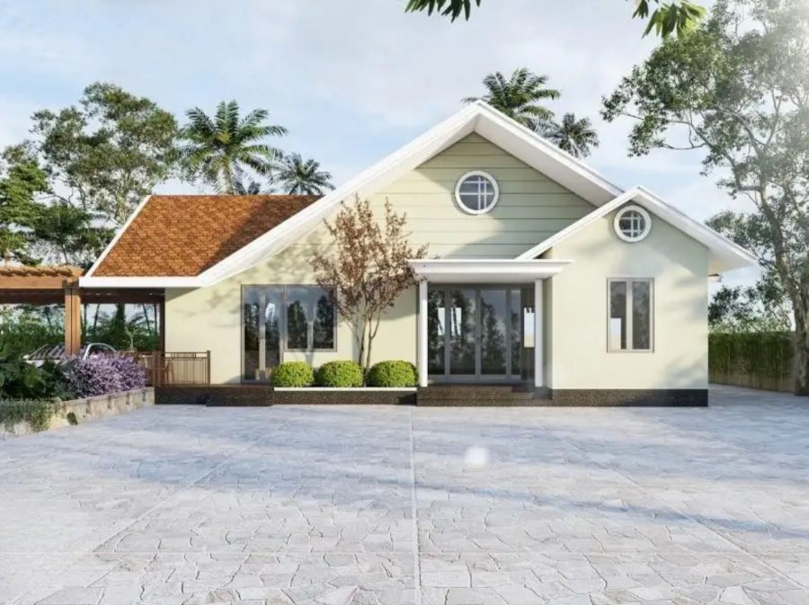 Nhà 1 tầng mặt tiền 10m, bố trí công năng tiện nghi. Cửa kính lớn và sân trước rộng rãi tạo không gian vui chơi, giải trí cho gia chủ