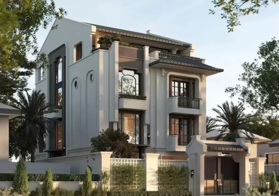 Thiết kế nhà mặt tiền 12m phong cách Á Đông với mái ngói dốc và cổng gỗ tinh tế. Ưu tiên chất liệu tự nhiên và gam màu trầm ấm (gỗ, đá) mang lại vẻ đẹp gần gũi và hoài niệm